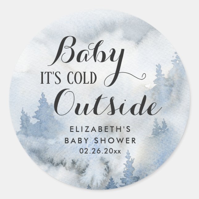 Sticker Rond Dusty Blue Winter Forest - Bébé Il fait froid deho (Devant)