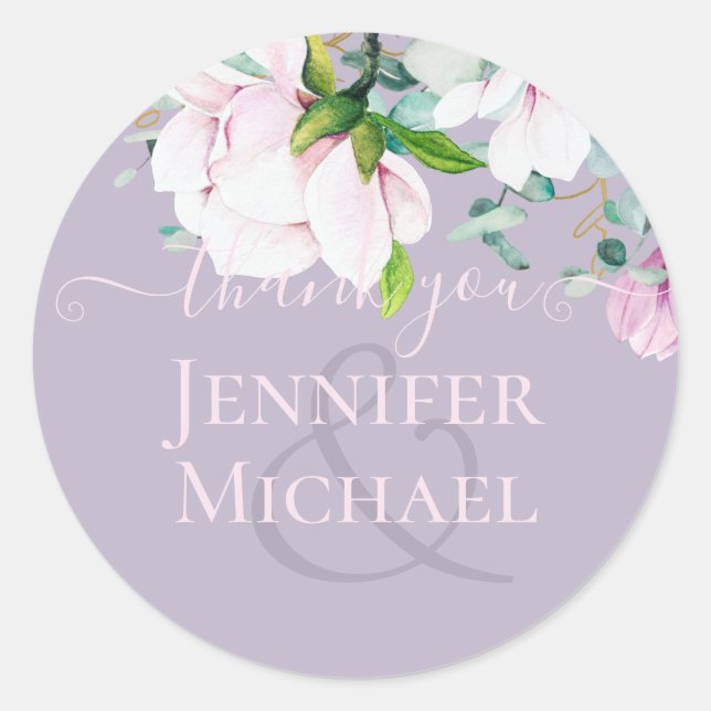 Sticker Rond Dusty Lavender rose Magnolias Eucalyptus Merci (Devant)