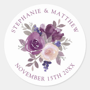Sticker Rond Dusty Mauve Purple Blush Floral Mariage