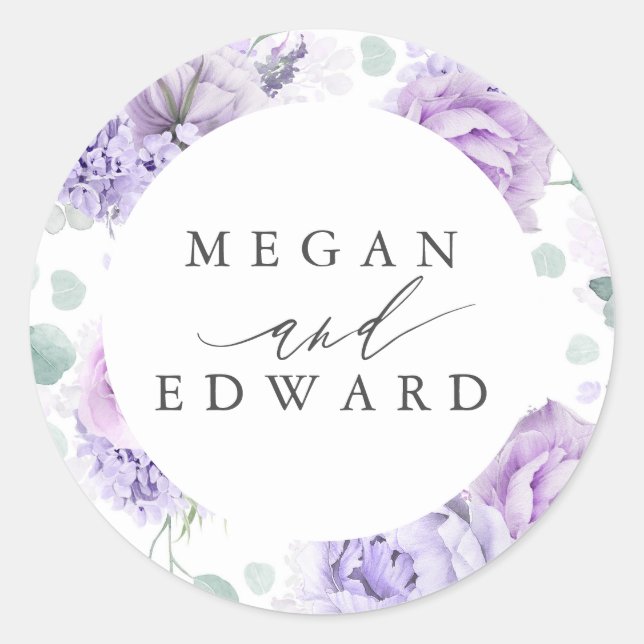 Sticker Rond Dusty Purple et Mauve Mariage botanique floral (Devant)