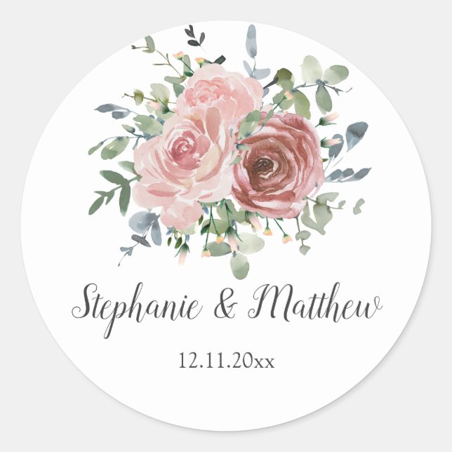 Sticker Rond Dusty Rose Eucalyptus Botanical Floral Mariage (Devant)