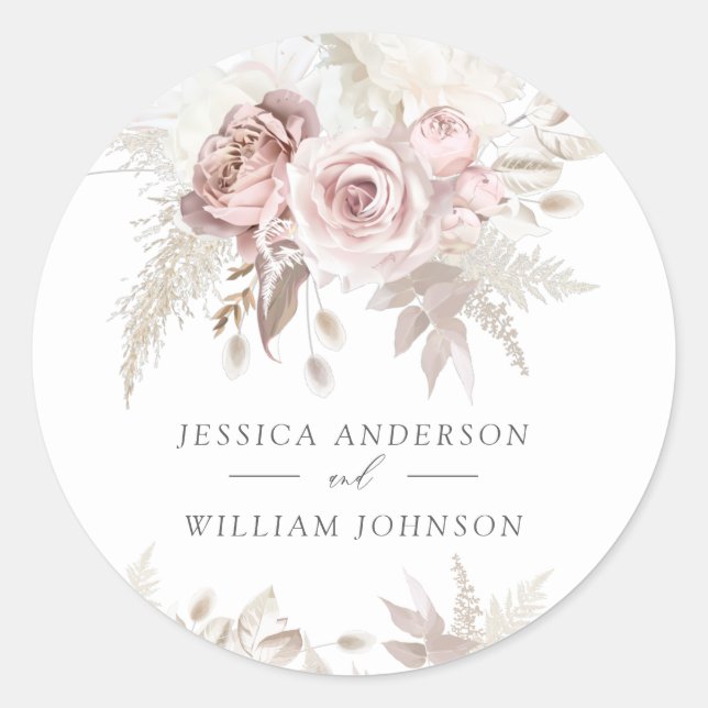 Sticker Rond Dusty Rose & Ivory Floral Beau Mariage (Devant)