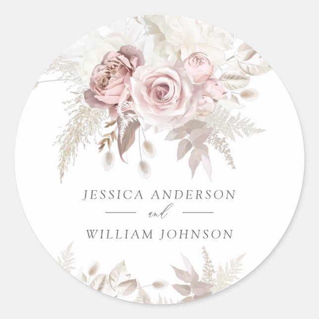 Sticker Rond Dusty Rose & Ivory Floral Beau Mariage Grand (Devant)