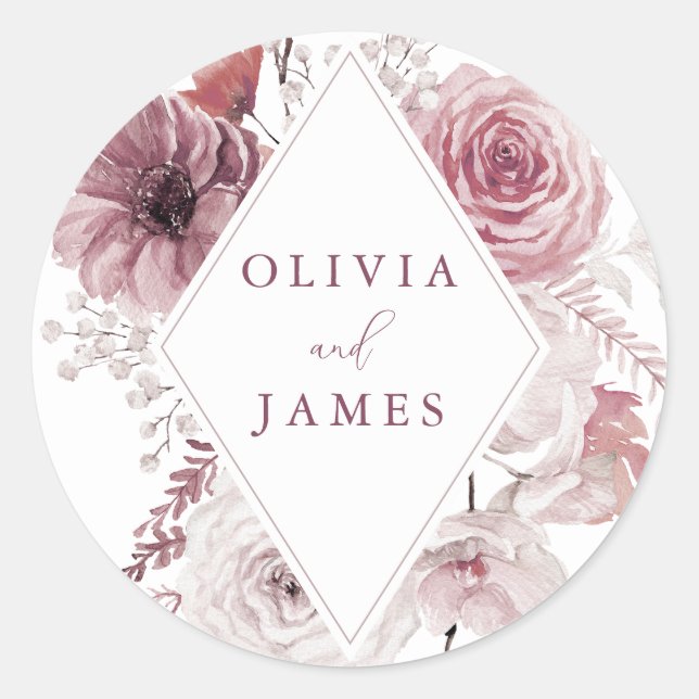 Sticker Rond Dusty Rose & Mauve Boho Floral Frame Mariage (Devant)