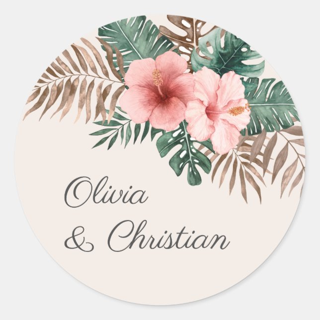 Sticker Rond Dusty rose moderne Mariage d'aquarelle tropicale (Devant)
