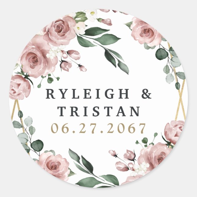 Sticker Rond Dusty Rose rose et or Floral Mariage (Devant)