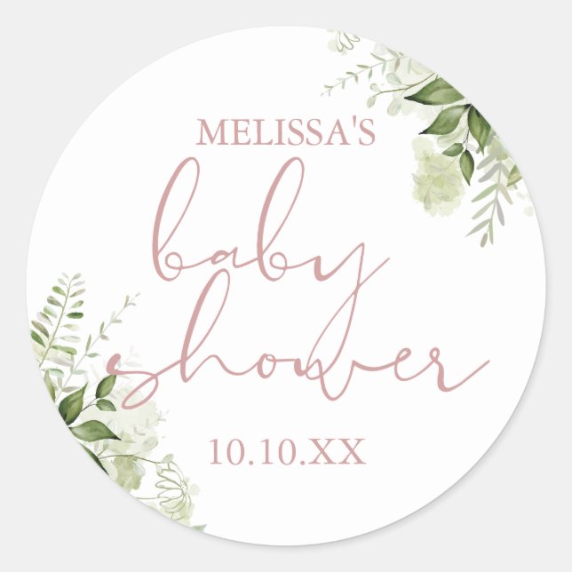 Sticker Rond Dusty Verdure Rose Floral Girl Baby shower Favoris (Devant)