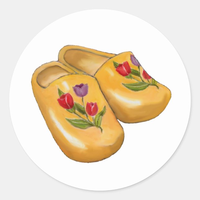 Sticker Rond Dutch Wooden Shoes with Tulips, Klompen, Holland (Devant)