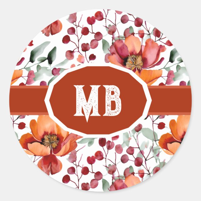 Sticker Rond Earthy Colors, Fall Flowers Monogrammed (Devant)