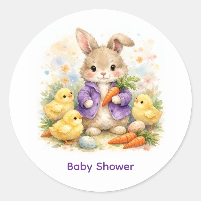Sticker Rond Easter Bunny Purple Jacket Baby Shower (Devant)