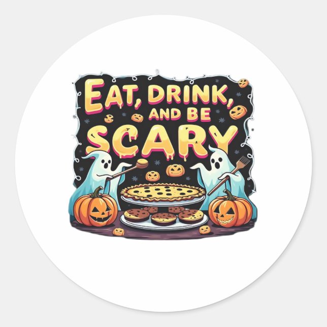 Sticker Rond Eat Drink And Be Scary Spooky Bakery Halloween Coo (Devant)