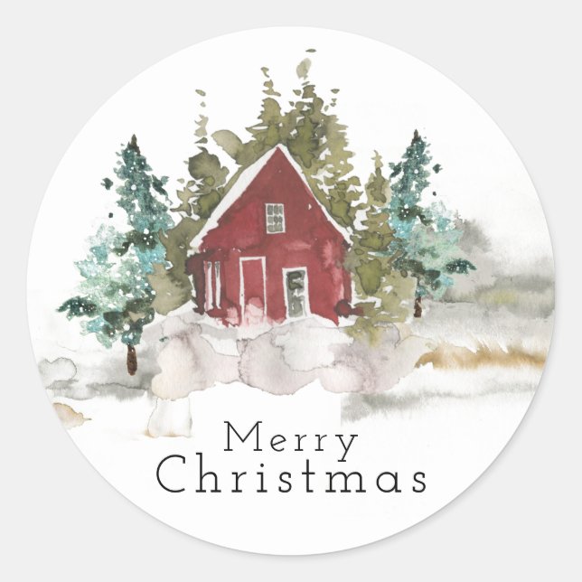 Sticker Rond Eau de la forêt de pins neigeux Joyeux Noël (Devant)