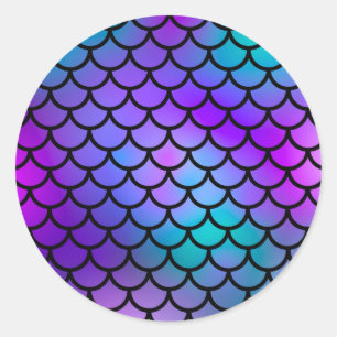 Sticker Rond Écailles de sirène bleue violet rose bleu Fantaisi