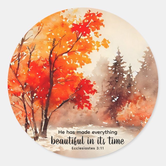 Sticker Rond Ecclésiaste 3:11 Verse Bible Automne Aquarelle (Devant)