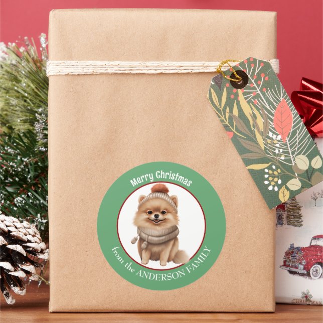 Sticker Rond Écharpe d'hiver de Chien de Poméranie et Noël Casq (vacances)