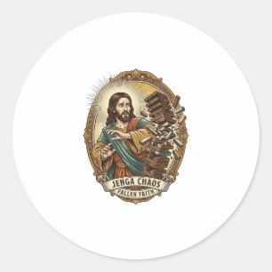 Sticker Rond Échec de Jésus écrasant la tour de Jenga de la fêt