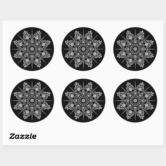 Sticker Rond Échelle grise Mandala Dot Art Modèle (Feuille)