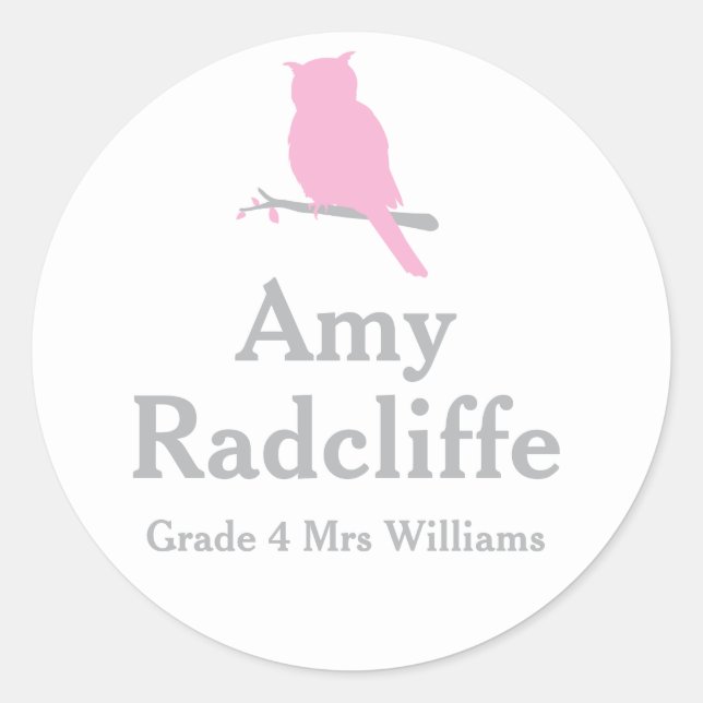 Sticker Rond École ajouter votre grade et nom hibou rose id aut (Devant)