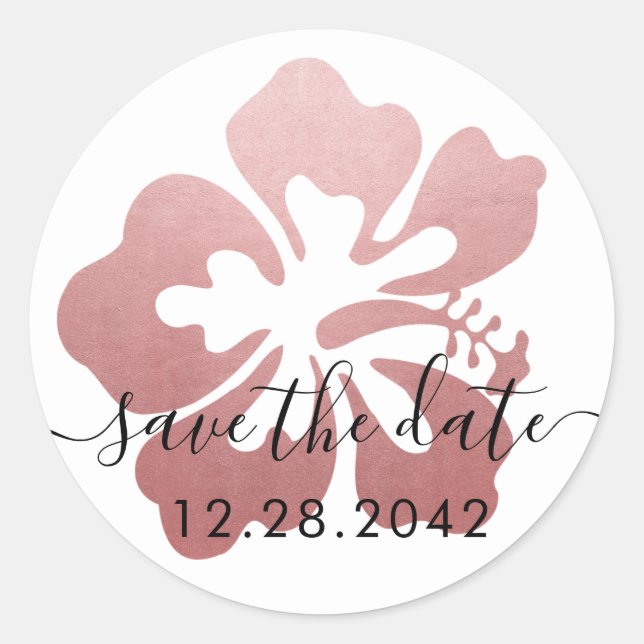 Sticker Rond Économisez la date de mariage Hawaï Fleur d'Hibisc (Devant)
