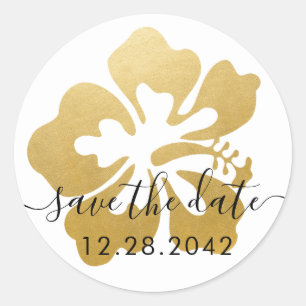 Sticker Rond Économisez la date Fleur Tropicale Hibiscus Doré