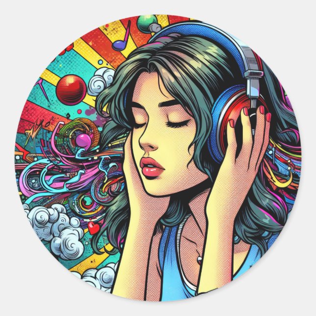 Sticker Rond Écouter de la musique sur les écouteurs Psychédéli (Devant)