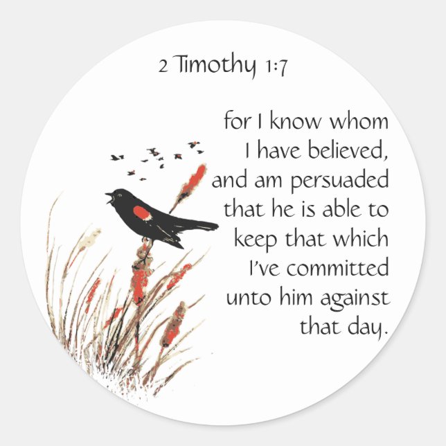 Sticker Rond Écriture biblique verse 2 Timothée 1:12 Oiseau (Devant)