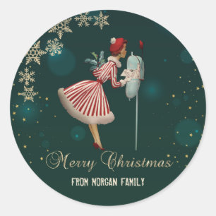 Sticker Rond Écureuil de Noël Vintage, Snowflakes