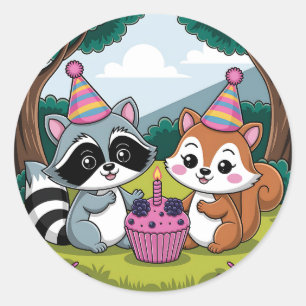 Sticker Rond Écureuil et Raton laveur joyeux Anniversaire