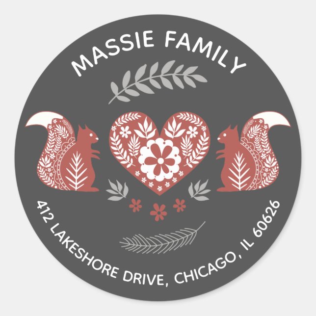 Sticker Rond Écureuils scandinaves avec adresse cardiaque (Devant)