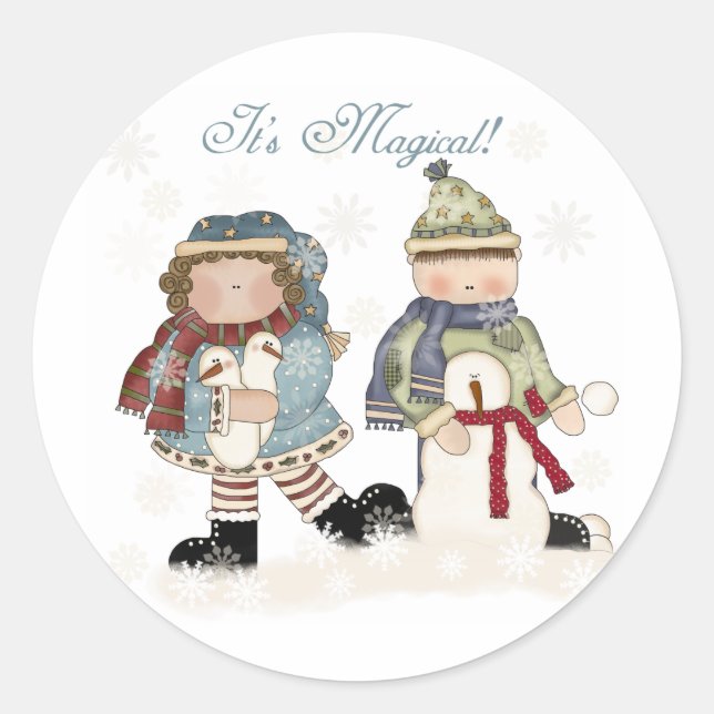 Sticker Rond Édifice de neige magique hiver Snowmen (Devant)