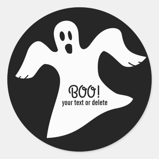 Sticker Rond Éffrayant Fantôme blanc d'Halloween disant BOO ! (Devant)