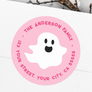 Sticker Rond Éffrayant fantôme Halloween rose adresse de retour