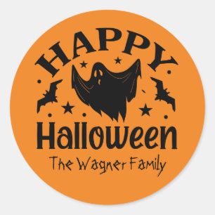 Sticker Rond Éffrayant fantôme Happy Halloween ajouter le nom