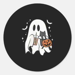 Sticker Rond Éffrayant Fantôme tenant un chat noir Halloween ca