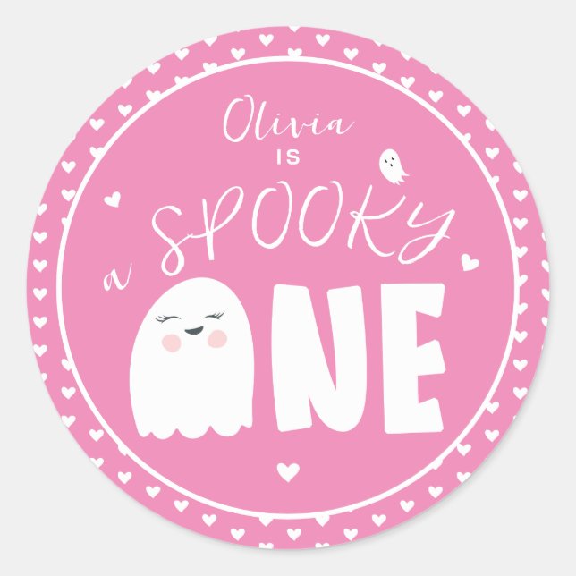 Sticker Rond Éffrayant One Girls Pink Ghost Halloween 1er anniv (Devant)