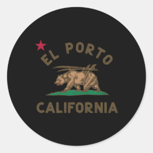 Sticker Rond El Porto California Beach Drapeau Ours Surf Ca