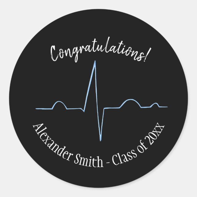 Sticker Rond Electrocardiogramme bleu Graduation personnalisée (Devant)