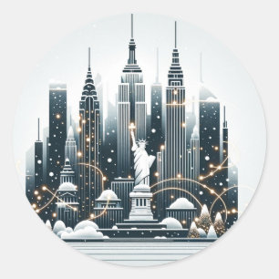 Sticker Rond Élégance des Fêtes de New York - Carte de Noël Per