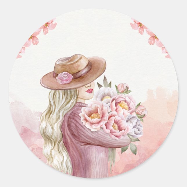 Sticker Rond Elegance Woman with Peonies Aquarelle Art Imprimer (Devant)