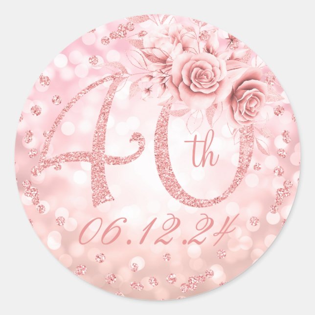 Sticker Rond Élégant 40e anniversaire de fête Glam Lights Rose  (Devant)