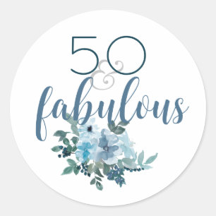 Sticker Rond Elégant 50 & Fabuleux bleu floral aquarelle