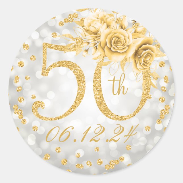 Sticker Rond Élégant 50e anniversaire de fête éclaire Gold Silv (Devant)