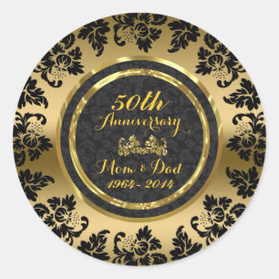 Sticker Rond Élégant 50e anniversaire de Mariage Black & Gold