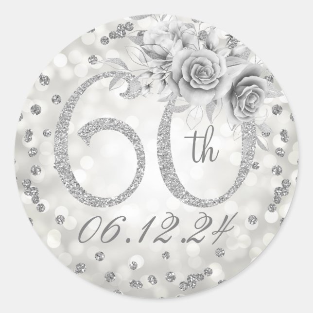 Sticker Rond Élégant 60e anniversaire de fête Glam Lights Argen (Devant)