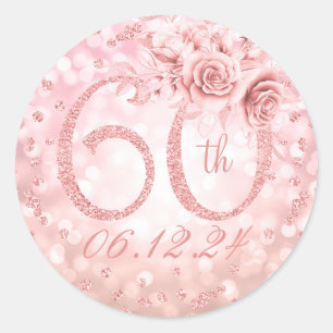 Sticker Rond Élégant 60e anniversaire de fête Glam Lights Rose 