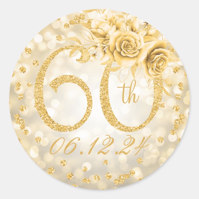 Sticker Rond Élégant 60e anniversaire Glam Lights Gold (Devant)