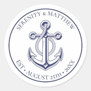 Sticker Rond Élégant Ancre  Bleu Mariage nautique