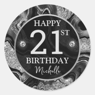 Sticker Rond Élégant Anniversaire Paillettes Noir et Argent Aga