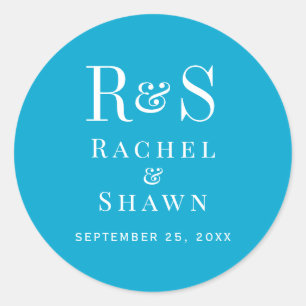 Sticker Rond Elégant Aqua Blue Chic Moderne Monogram Mariage
