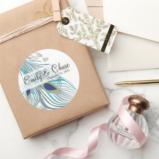 Sticker Rond Elégant Aqua Grey 3 Peacock Feaths Mariage (Cadeaux)